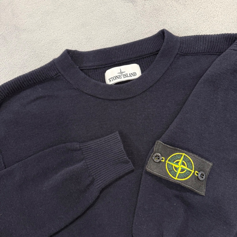 Stone Island Wool Navy Blue Crewneck Sweater Mens Medium Compass Patch Logo Knit